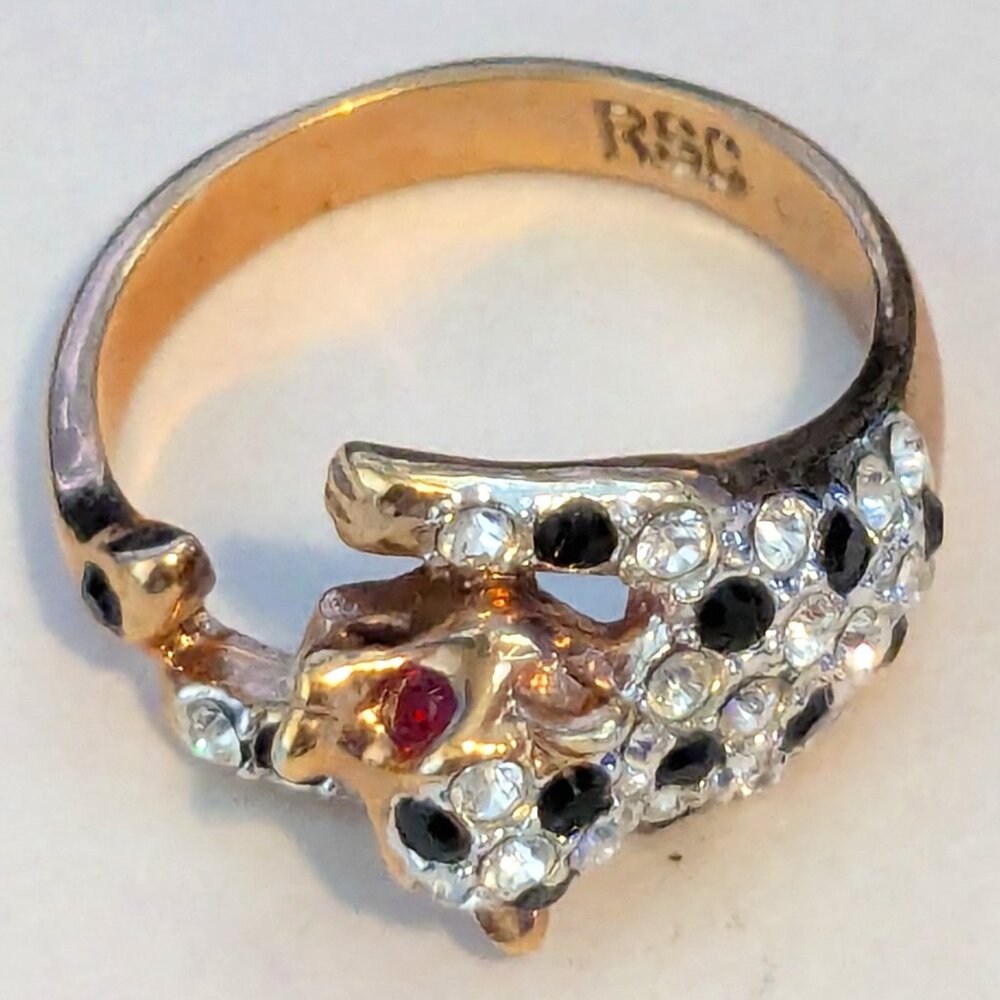 Vintage RSC Clear Black Rhinestone Jaguar Cat Ring Size 8.5